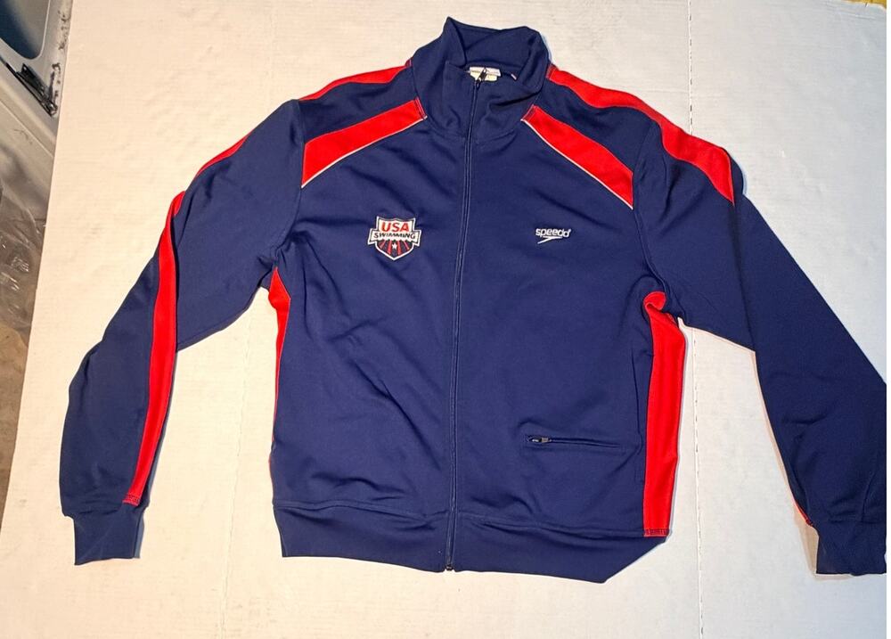 Speedo USA Swimming Track Jacket Mens Medium Full Zip Team USA Navy Red